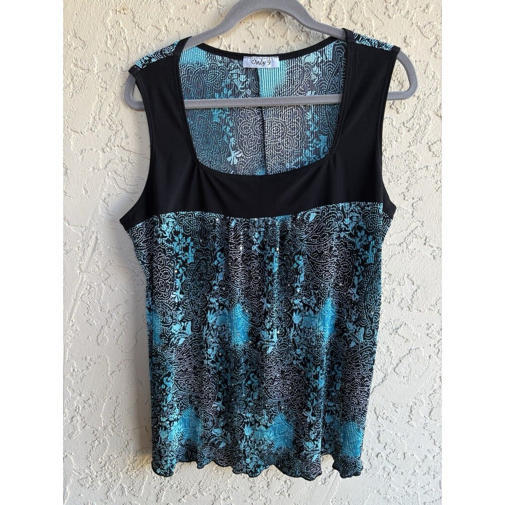 Only 9 Square Neck Black Teal Blue Floral Textured Stretch 3XL Woman Tank Shirt